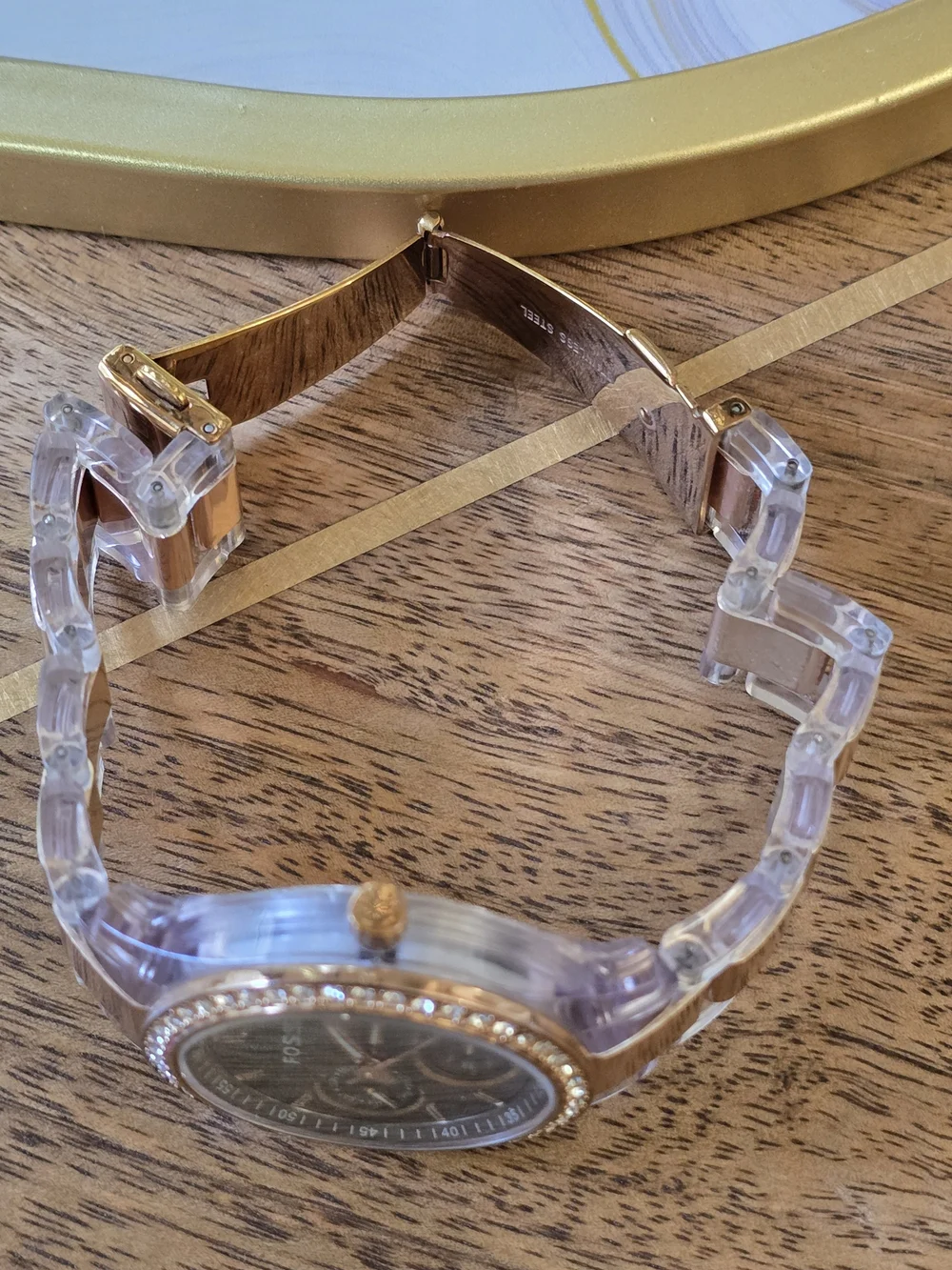 Fossil Crystal-Trim Acrylic Band Watch - Black & Rose Gold Plastic Watch